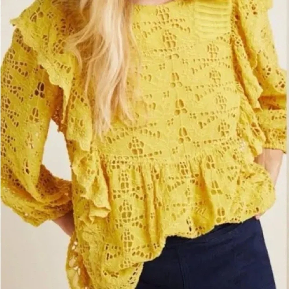 Anthropologie Yellow Lace Ruffle Blouse
